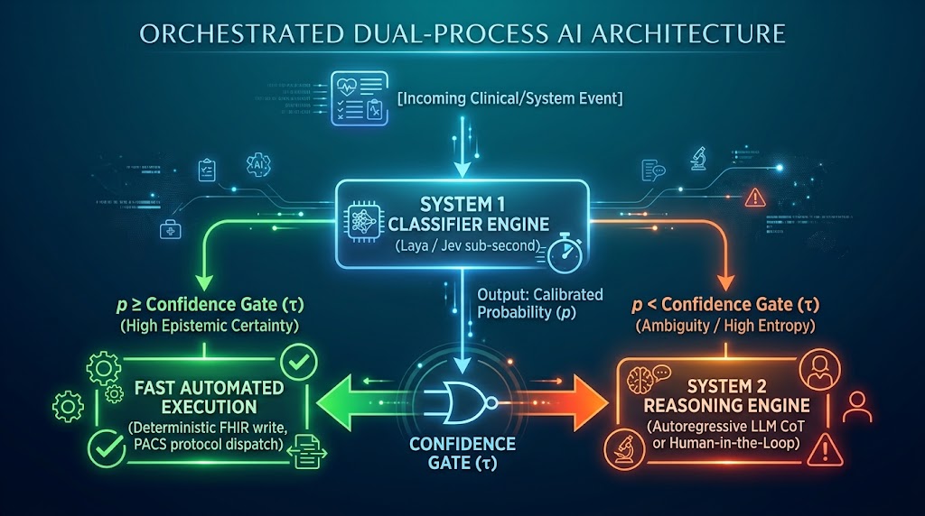 An incoming clinical event enters a System 1 classifier engine that emits a calibrated probability. A confidence gate routes results at or above the threshold to fast automated execution, and results below it to a System 2 reasoning engine or a human in the loop.